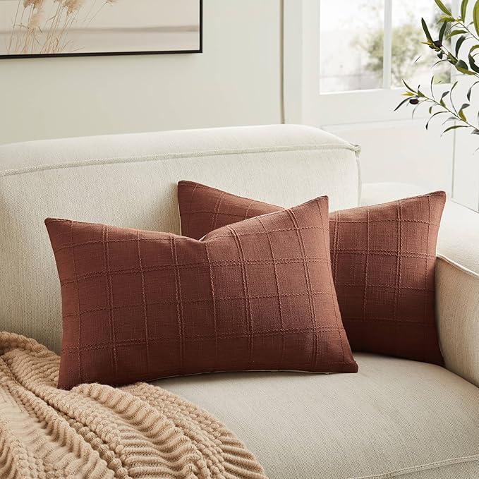 ZeeMart Linen Checked Lumbar Throw Pillow Covers Set of 2, 12x20 Inch by ZEEMARTONLINE