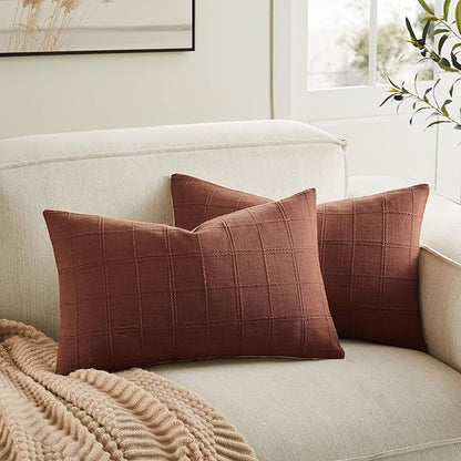 ZeeMart Linen Checked Lumbar Throw Pillow Covers Set of 2, 12x20 Inch by ZEEMARTONLINE