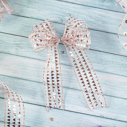 MEEDEE 2.5 Inch Rose Gold Heart Wired Ribbon 25 Yards Pink Sheer Ribbons - Image 5