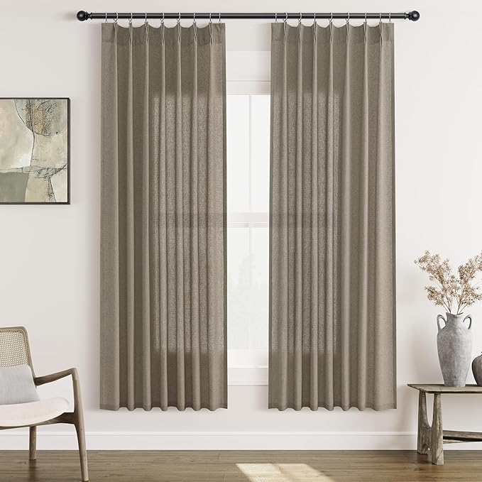Mocha Pinch Pleat Linen Curtains 72 Inch Length 2 Panels Set by Aersas