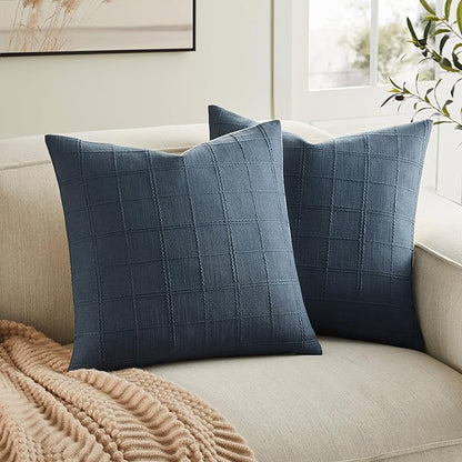 ZeeMart Linen Checked Throw Pillow Covers Set of 2, 16x16 Inch Navy/Cream by ZEEMARTONLINE