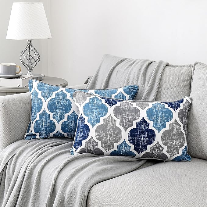 Beauoop Throw Pillowcover Chenille Print Moroccan Geometric 2-Sided Print Blue by Beauoop