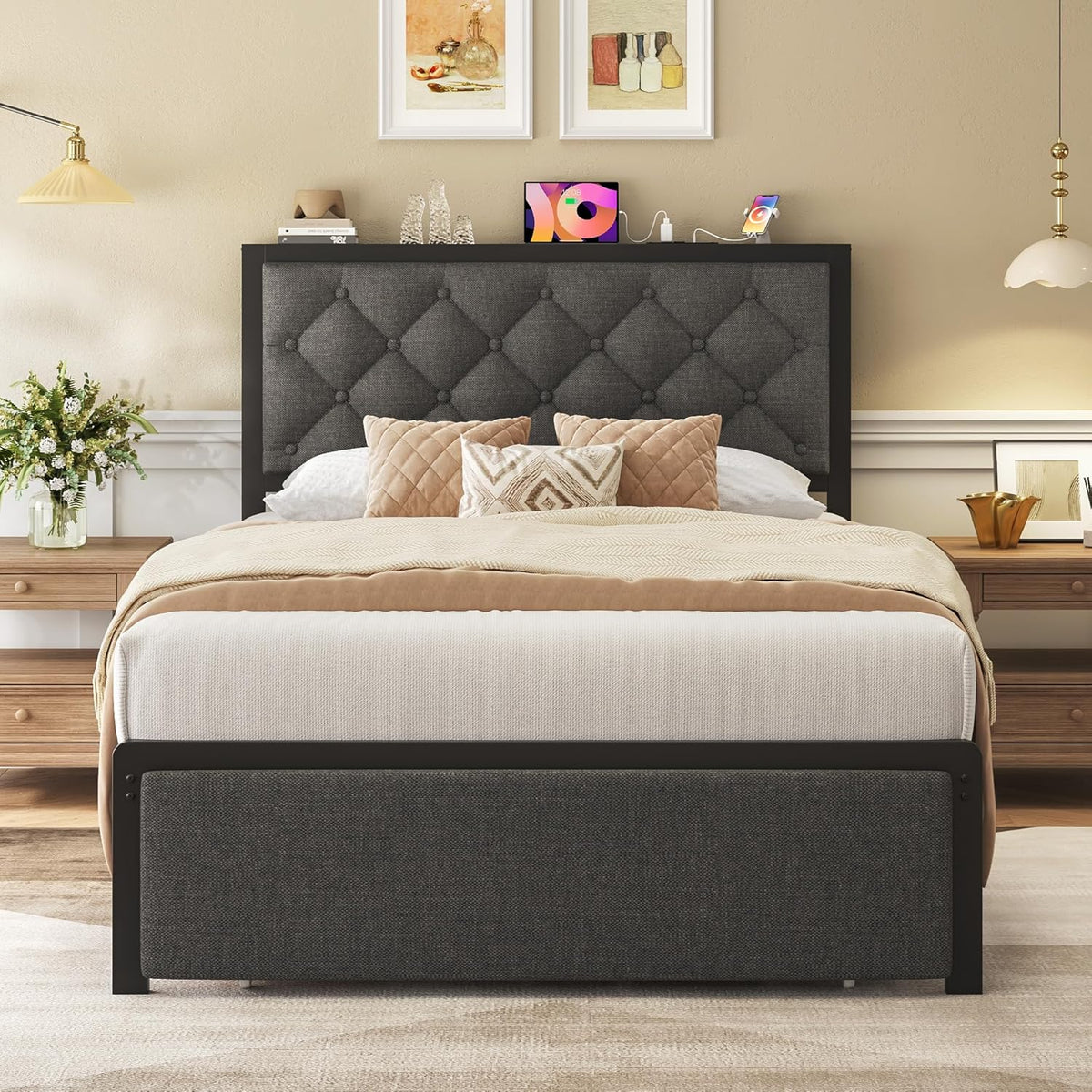 fluest twin bed frame with storage drawer, upholstered, close-up detail