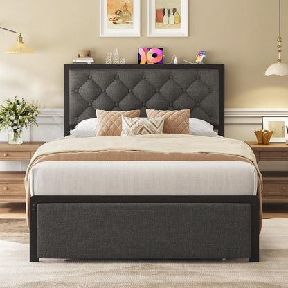fluest twin bed frame with storage drawer, upholstered, close-up detail