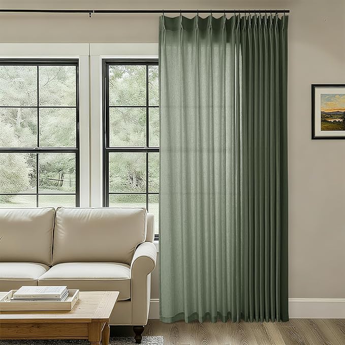 Olive Green Extra Wide Pinch Pleated 100 x 102 Inch Linen Curtains - Image 5