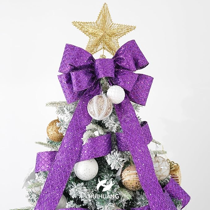 HUIHUANG Purple Wired Christmas Ribbon 4 inch Purple Glitter Wired Ribbon - Image 6