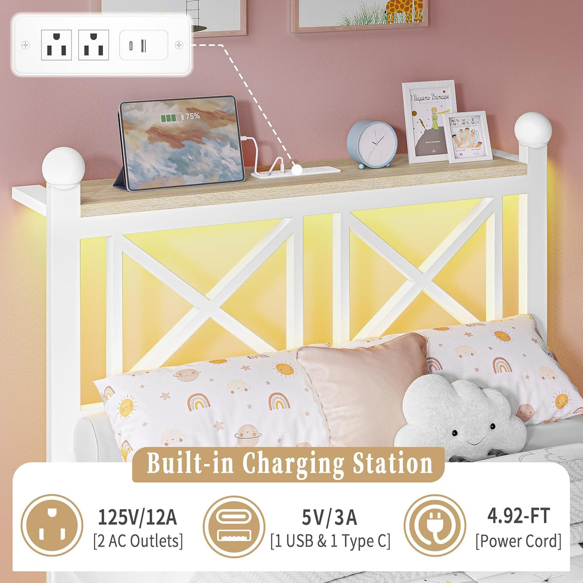 dynjest twin white bed frame with headboard and showing dimensions
