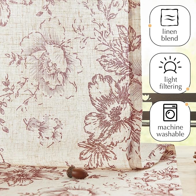 jinchan Floral Linen Tier Curtains Floral Brick Red on Beige Christmas - Image 6