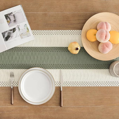 ZeeMart Macrame Style Bicolor Stitching Table Runner, 14 x 72 Inch Green/Ivory - Image 4