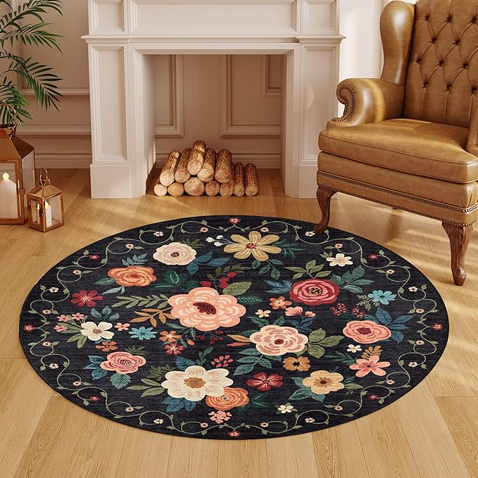 DUKINO Floral Round Rug, 4ft Washable Round Area Rug, Non Slip Indoor Low Pile - Image 2