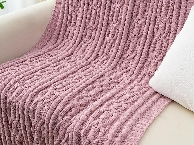 Battilo Pink Throw Blanket for Couch, Cable Knit Blanket, Soft Chenille Throw - Image 9