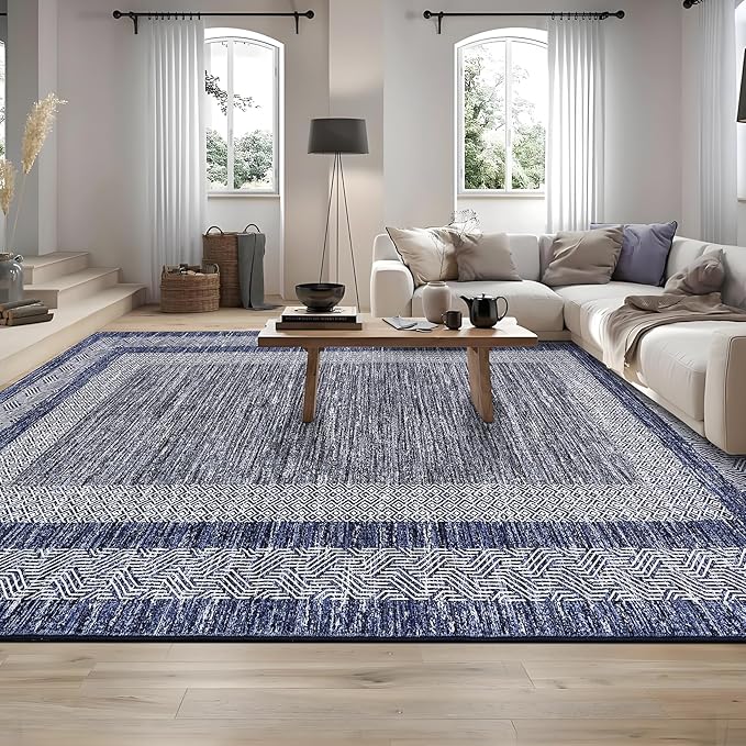 GarveeHome 9x12 Large Modern Navy Blue Area Rug Distressed Bordered Soft Non - Image 7