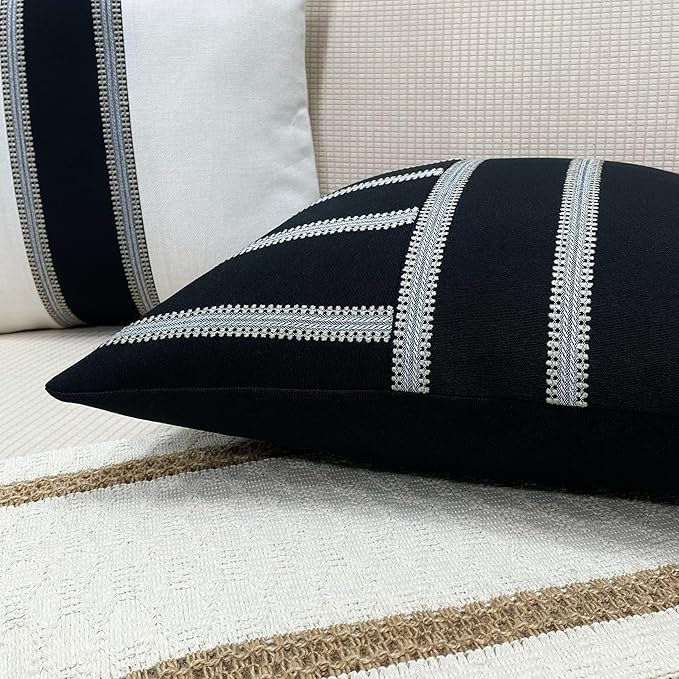 Slow Cow Linen Black and Off White Patchwork Stripe Throw Pillow Cover Cushion - Image 6