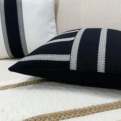 Slow Cow Linen Black and Off White Patchwork Stripe Throw Pillow Cover Cushion - Image 6