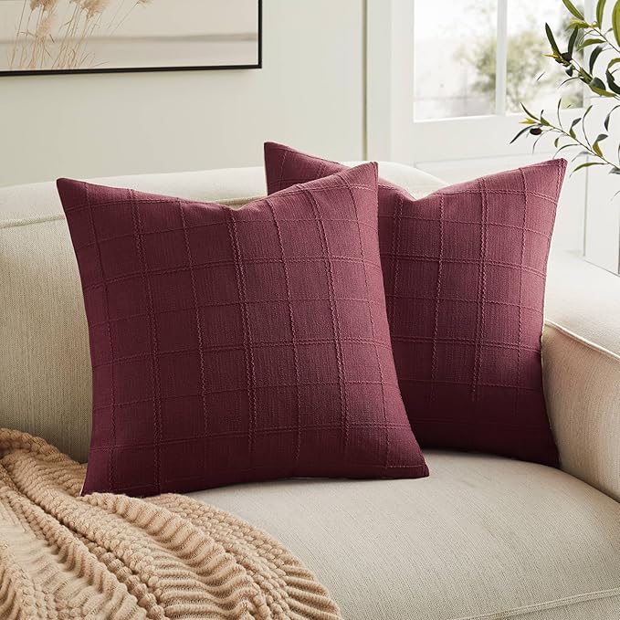ZeeMart Linen Checked Throw Pillow Covers Set of 2, 20x20 Inch Burgundy/Cream by ZEEMARTONLINE