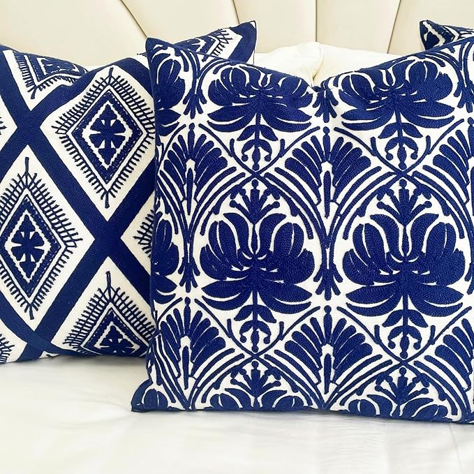 Slow Cow Embroidery Throw Pillow Cover Geometric Rose Navy Decorative Cushion - Image 9