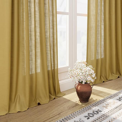 Nanspring Linen Curtains Semi Sheer Gold 96 Inches Long 2 Panels Set - Image 6