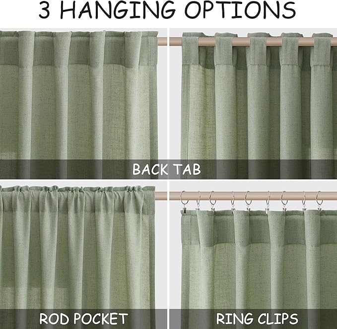 Light Sage Linen Curtains for Living Room 63 Inches Long 2 Panel Set Light - Image 2