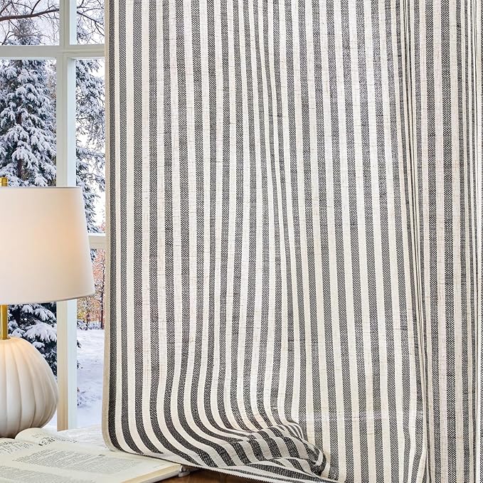 Vangao Linen Striped Black Curtains Boho Tickingstripe Light Filtering Window - Image 6