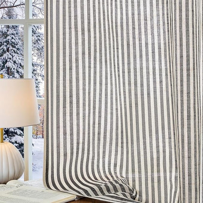 Vangao Linen Striped Black Curtains Boho Tickingstripe Light Filtering Window - Image 6