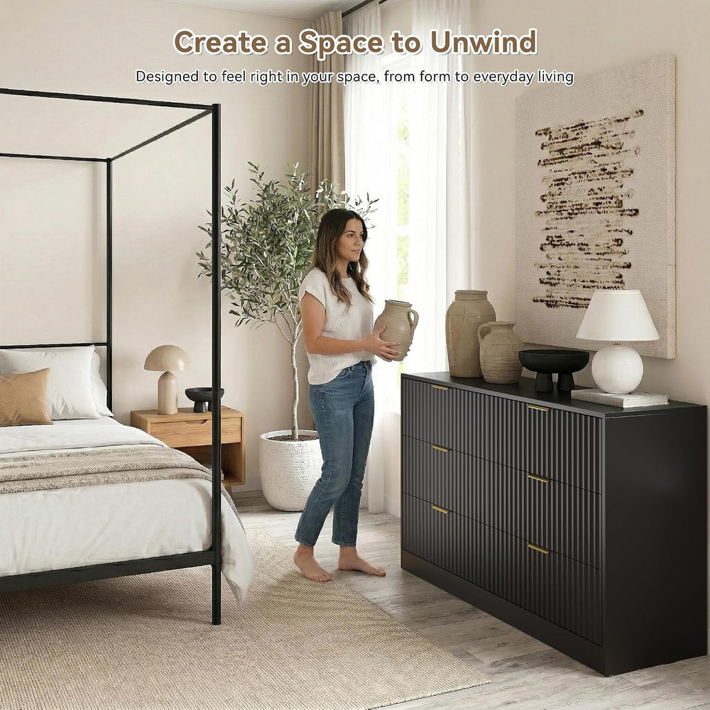 Black 6 Drawer Dresser for Bedroom, 55" Wide Fluted Chest of Drawers wit...