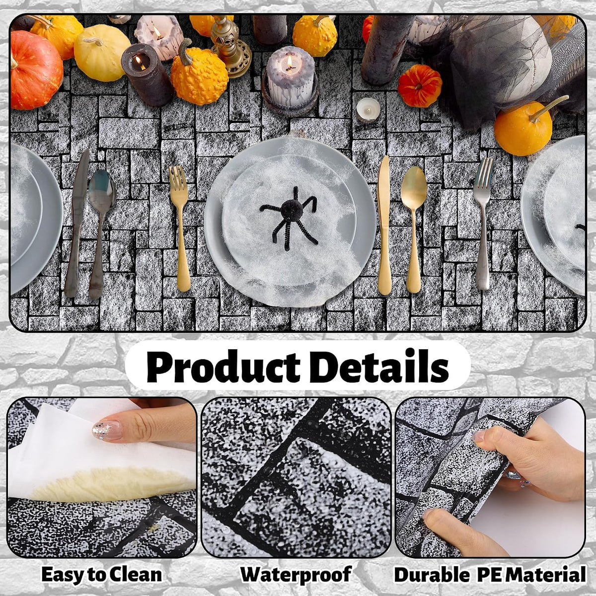 Aneco 120 Ft x 54 Inch Halloween Stone Wall Tablecloth Roll with Cutter Box Disposable Brick Stone Plastic Table Cover Medieval Brick Wall Backdrops for Castle Knight Theme Parties and Birthdays