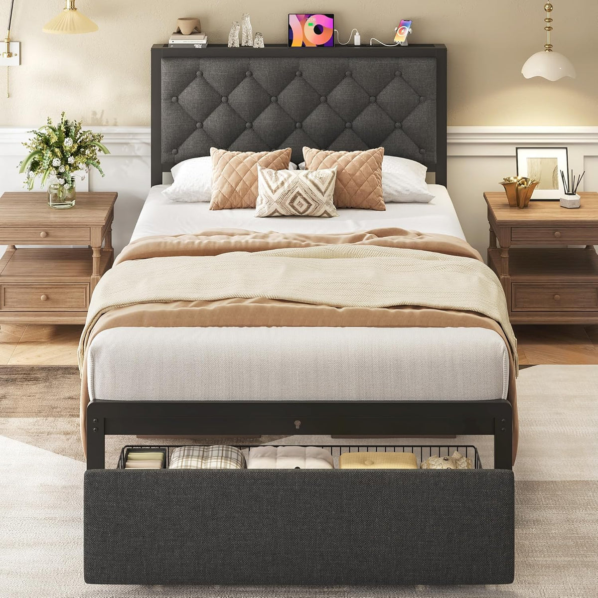 fluest twin bed frame with storage drawer, upholstered, main product view
