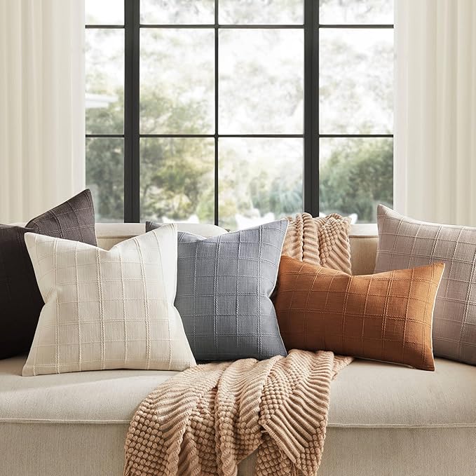 ZeeMart Linen Checked Throw Pillow Covers Set of 2, 16x16 Inch Ivory/Cream - Image 7