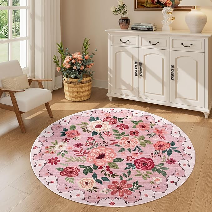 DUKINO Floral Round Rug, 4ft Washable Round Area Rug, Non Slip Indoor Low Pile by DUKINO