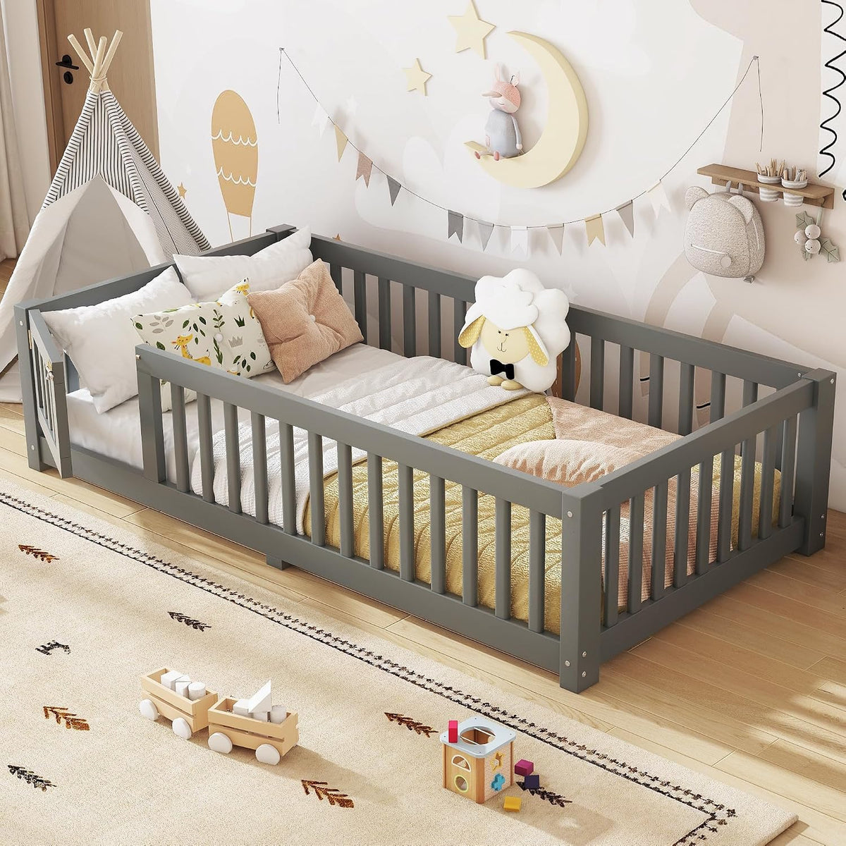 twin size montessori floor bed with door, slats, side view