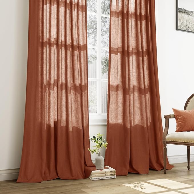 Terracotta Pinch Pleat Linen Curtains 108 Inch Length 2 Panels Set - Image 6