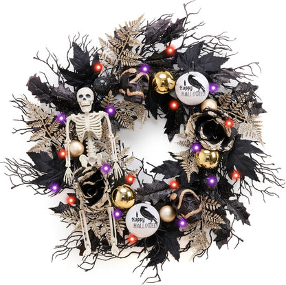 DecorbyHannah 24'' Skeleton Halloween Wreath with Lights for Front Door