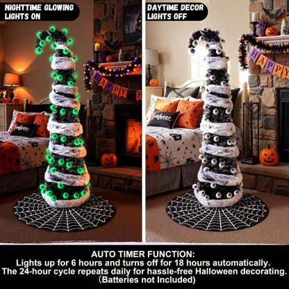 5FT Black Halloween Christmas Tree with 50 Eyeball Lights, Whimsical Pop Up Tree with Tree Skirt Battery Powered Built-in Timer Spider Decorations Stretchable Cobwebs, Indoor Outdoor Spooky Decor
