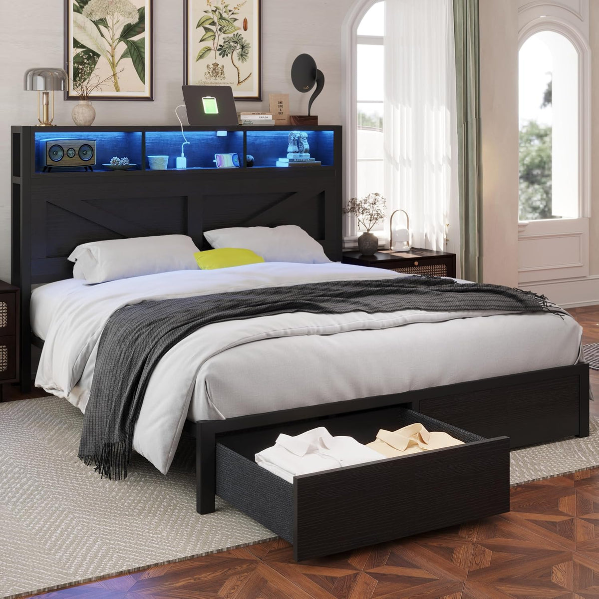 farmhouse full bed frame with storage bookcase headboard, close-up detail