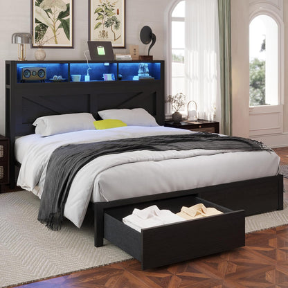 farmhouse full bed frame with storage bookcase headboard, close-up detail