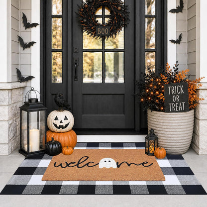 Halloween Door Mat Combo Set, Welcome Ghost Coco Coir Welcome Doormat + 28" x 43" Black and White Plaid Rug, Autumn Halloween Front Porch Entryway Decor Floor Mat