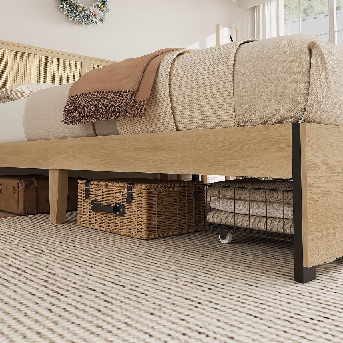 garveehome rattan queen bed frame with 2 storage on a desk or shelf