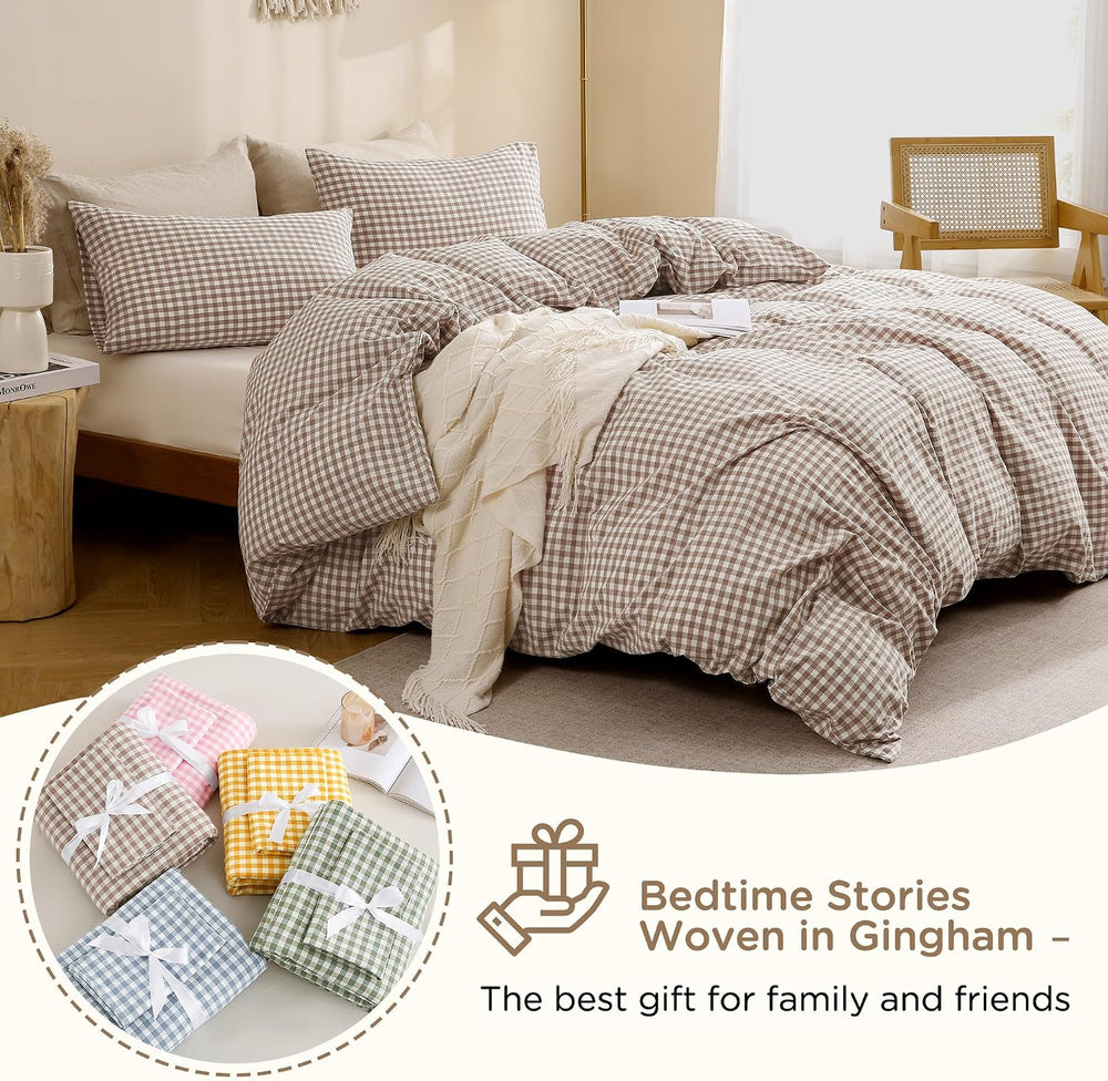 TOCOMOA Tan Gingham Duvet Cover Bedding Set Washed Cotton Like Linen, King