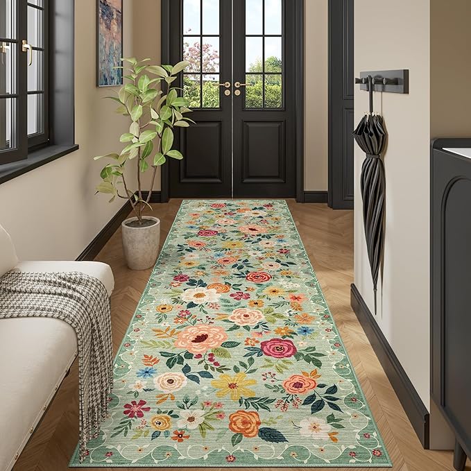 DUKINO 3x10 Runner Rug for Hallway, Washable Kitchen Floral Runner Rug by DUKINO