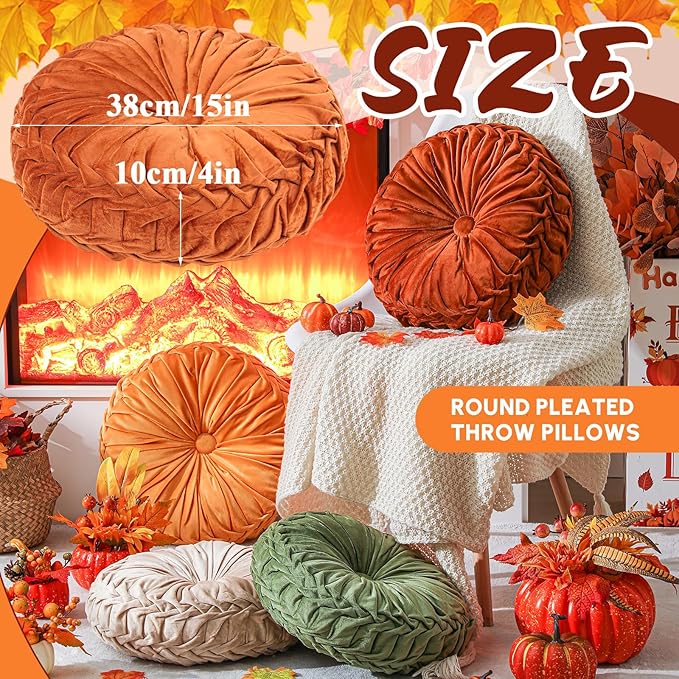 4 Pcs Round Throw Pillows Decorative Velvet Pleated Throw Pillows 15'' Diameter - Image 2
