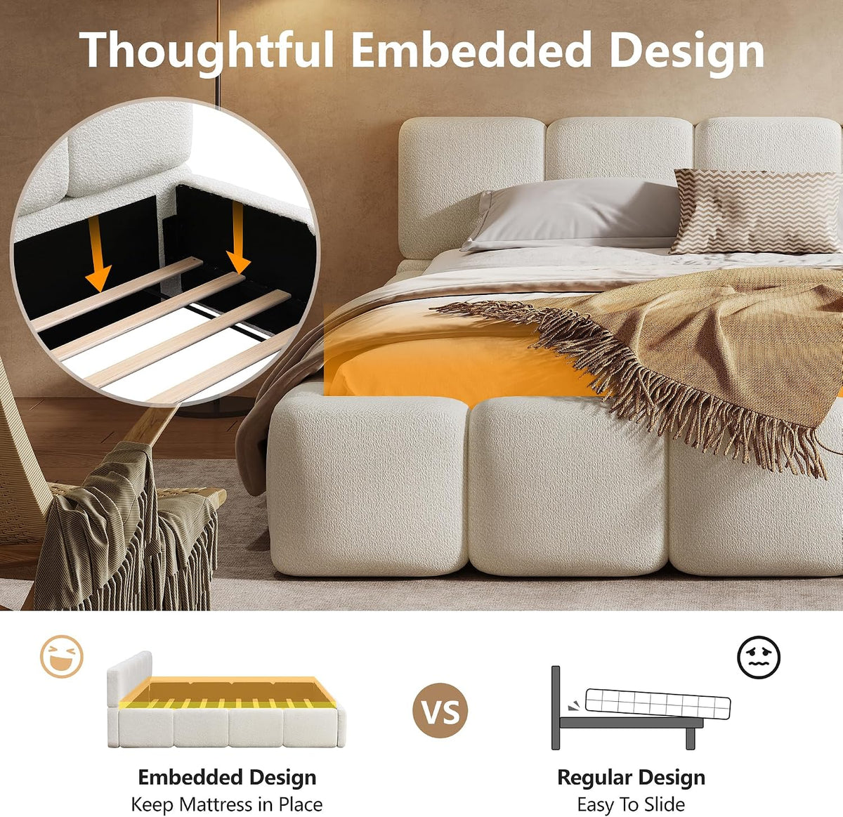 merax queen boucle platform bed with thick headboard showing dimensions