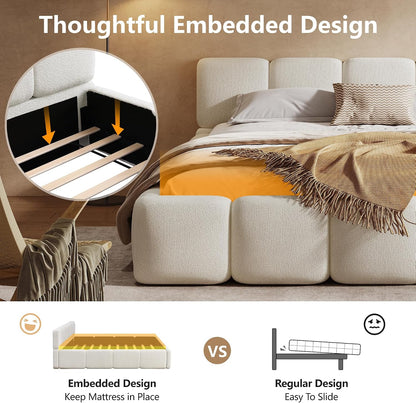 merax queen boucle platform bed with thick headboard showing dimensions