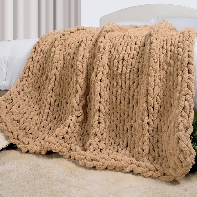 Carriediosa Chunky Knit Throw Blanket 50" X 60", 100% Hand Made Large Chenille by Carriediosa