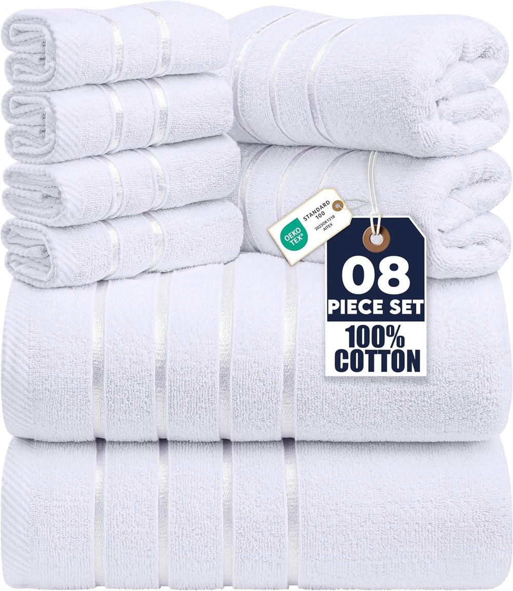 Utopia Towels 8 Piece Luxury Towel Set, 600 GSM, Viscose Stripe, White