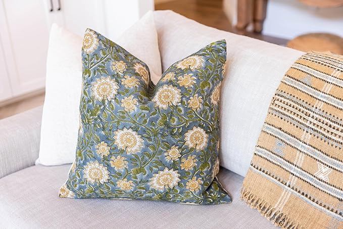 Designer Floral on Natural Linen Pillow Cover | Blue Green and Mustard Pillow - Image 6