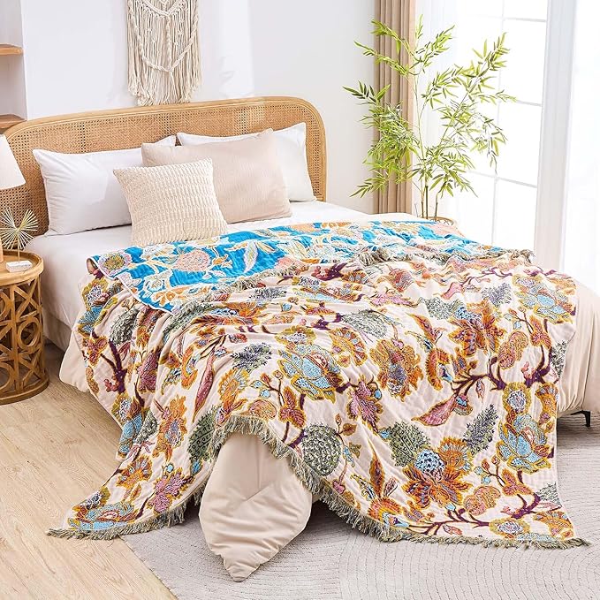 Boho Throw Blanket for Bed, 100% Cotton Soft Rustic Quilt Fall Blanket - Image 6