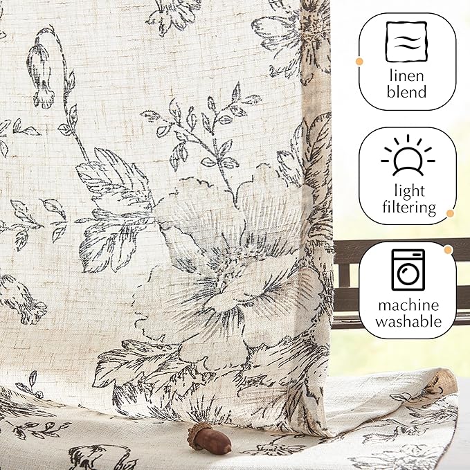 jinchan Floral Linen Tier Curtains 36 Inch Farmhouse Botanic Cafe Drapes - Image 5