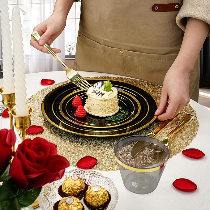 BESTVIP 350PCS Black Gold Dinnerware Set for 50 Guests, Plastic Plates for Halloween Party and Christmas, 50 Disposable Plates, 50 Dessert Plates, 50 Cups, 50 Spoons, 50 Forks and 100 Knives