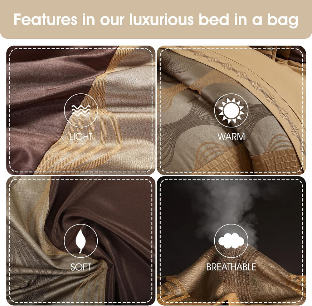 Elagant Jacquard Brown Comforter Set, Size California King, 7 Piece Bed in a ...