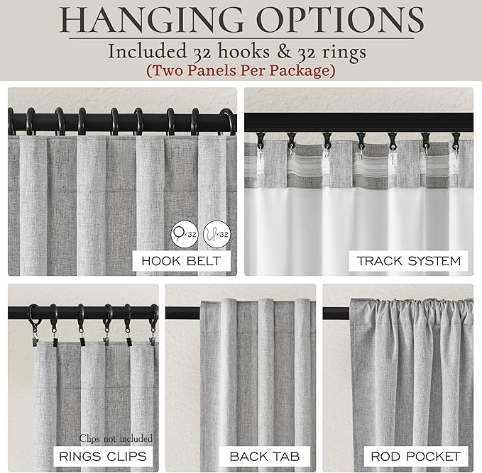 Gray 100% Black Out Linen Curtains 92 Inches Long 2 Panels Set - Image 3